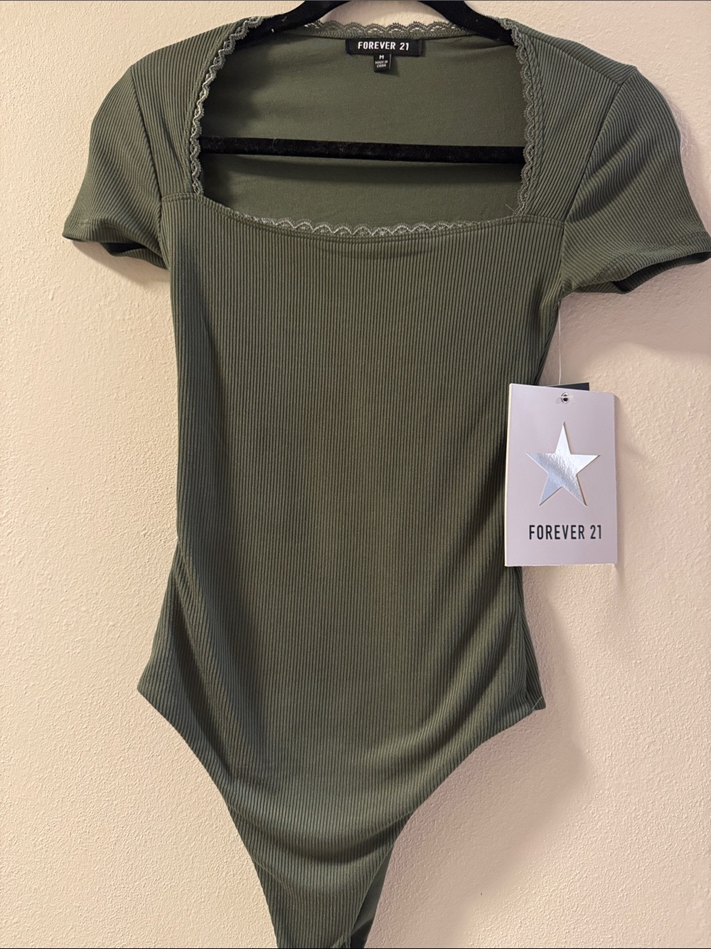 Forever 21 Olive Green Ribbed Square-Neck Bodysuit